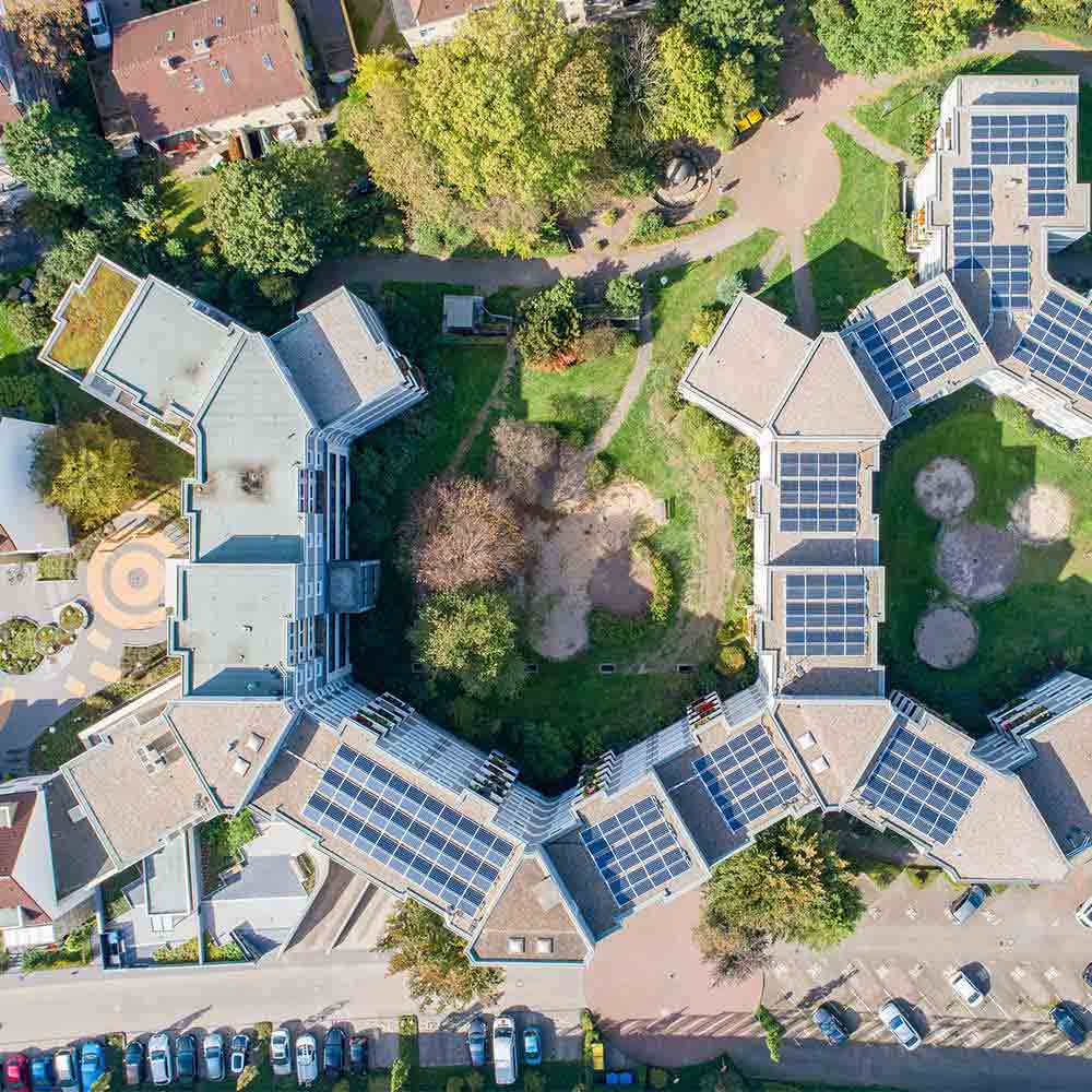 building with solar systems on roof